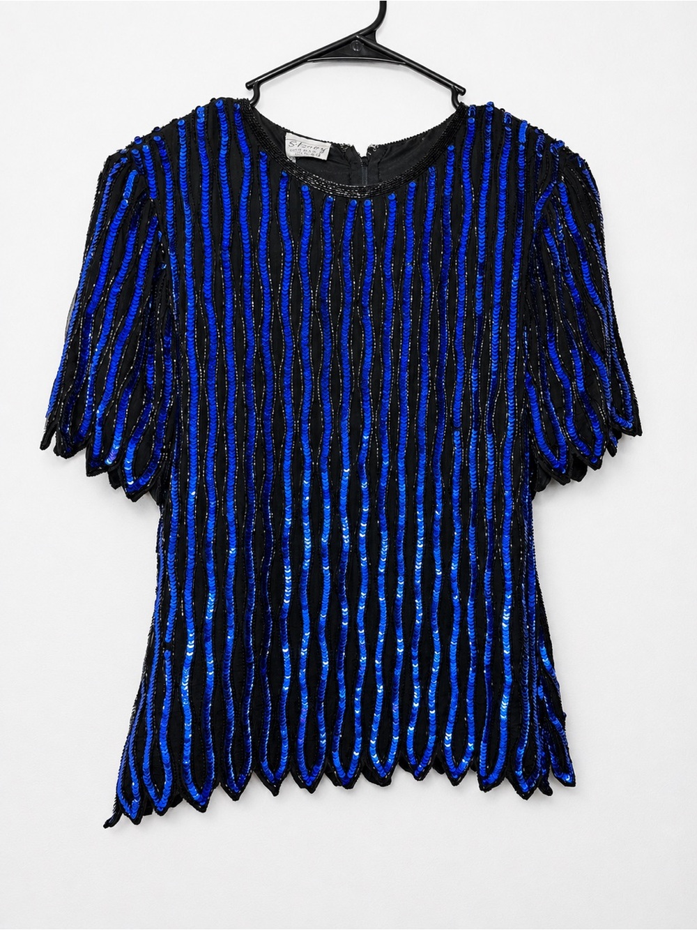 Vtge 80’s Stenay Silk Blue Black Sequin Beaded Cocktail Party Top